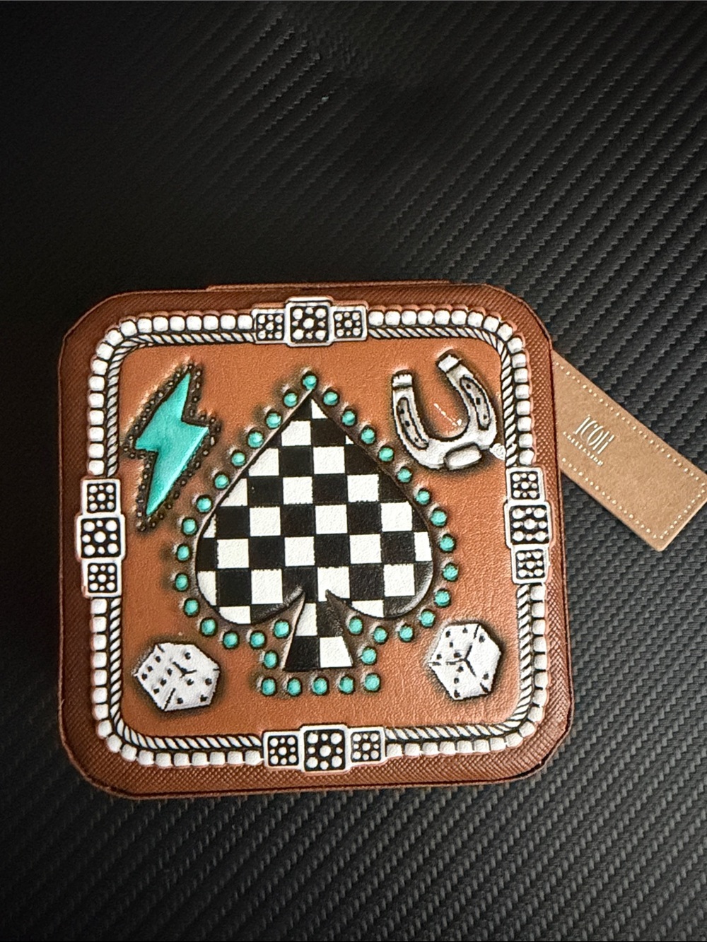 Brown Faux Leather Mini Jewelry Box with Turquoise Studs and Checker Spade Desig